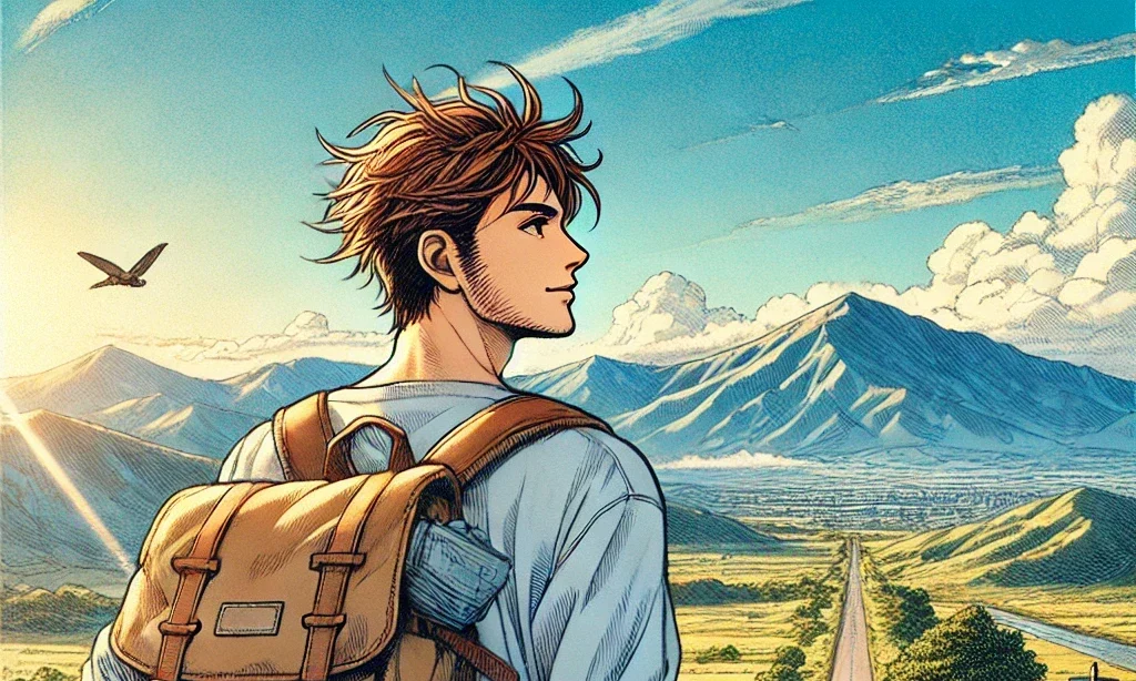 DALL·E 2025-01-30 21.34.03 - A colored manga-style illustration in the style of a seinen (youth magazine) comic, depicting a traveler on a journey. A young man with a backpack wal